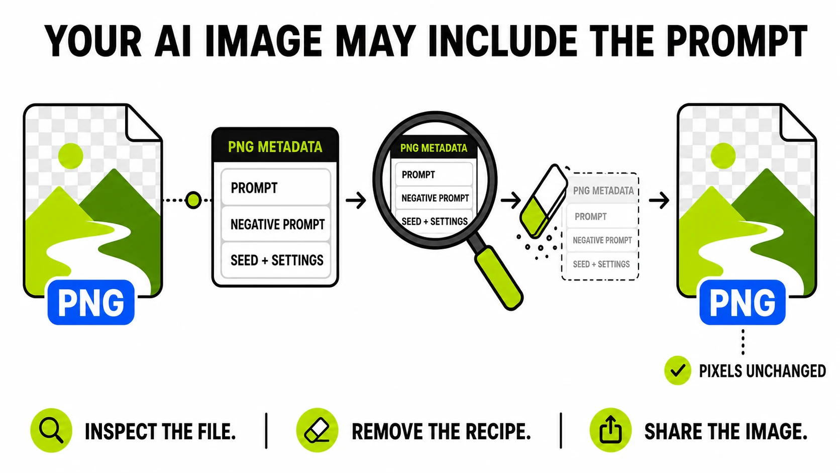 Diagram showing an AI-generated PNG with embedded prompt, negative prompt, seed, and settings metadata removed while its pixels remain unchanged