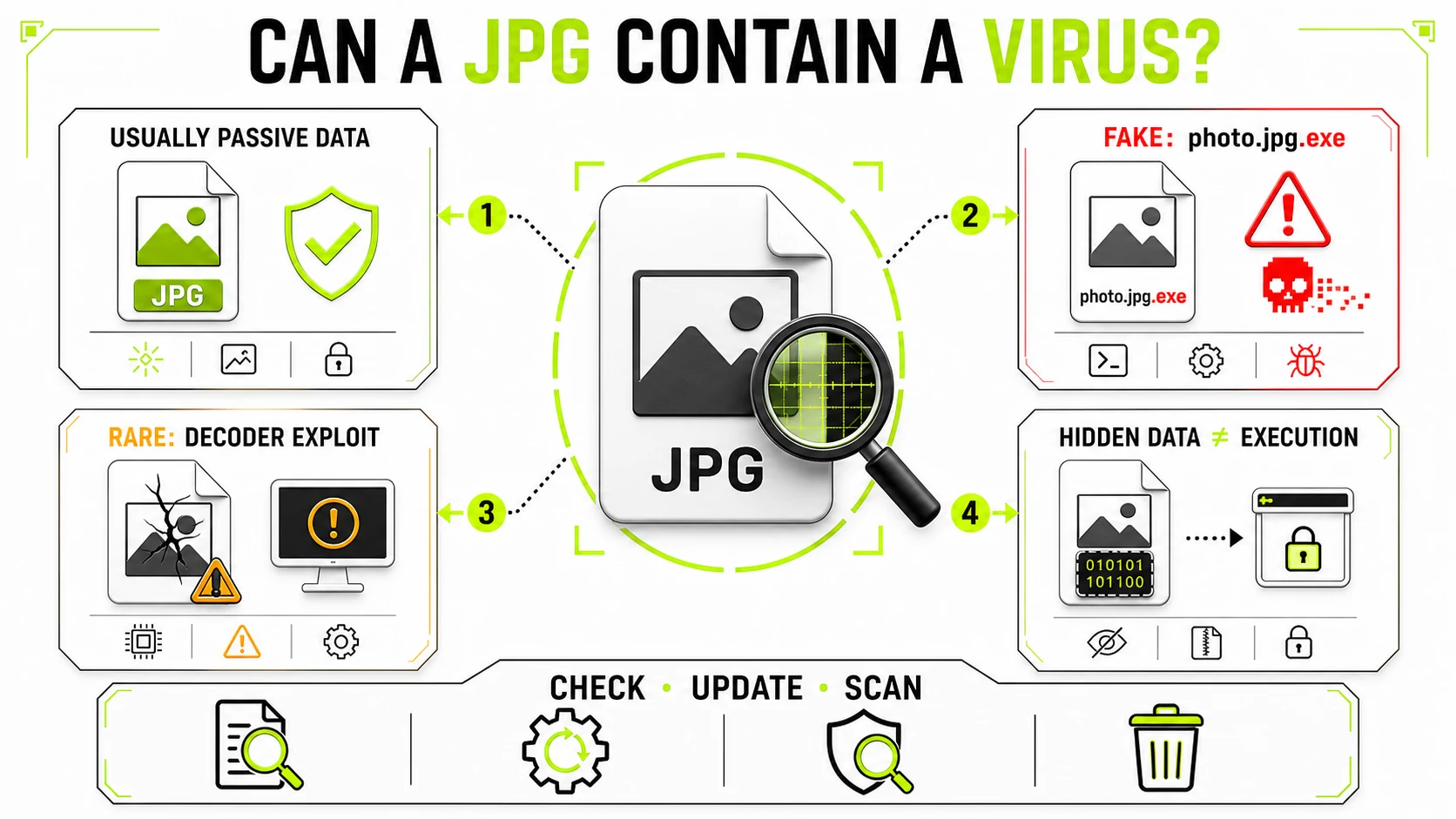 JPG security decision diagram separating an ordinary passive image from a disguised executable, rare decoder exploit, and hidden data that requires another program to execute