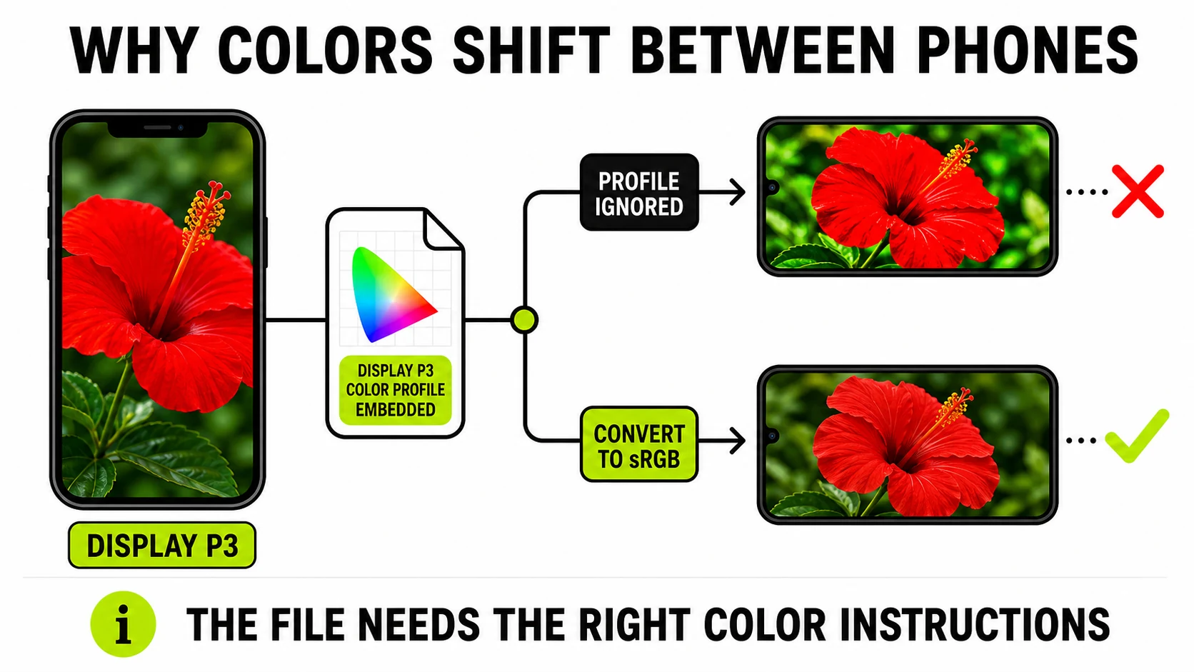 Diagram comparing an ignored Display P3 color profile that produces oversaturated colors with a correct sRGB conversion that preserves consistent colors