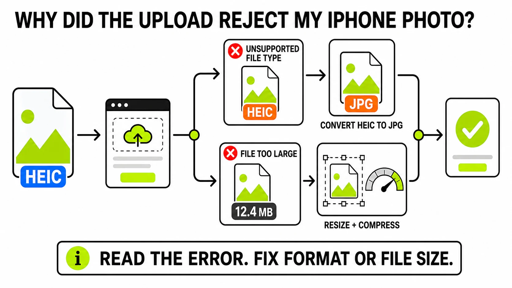 Decision diagram showing that an iPhone photo upload can fail because HEIC is unsupported or because the file is too large, with the correct fix for each error