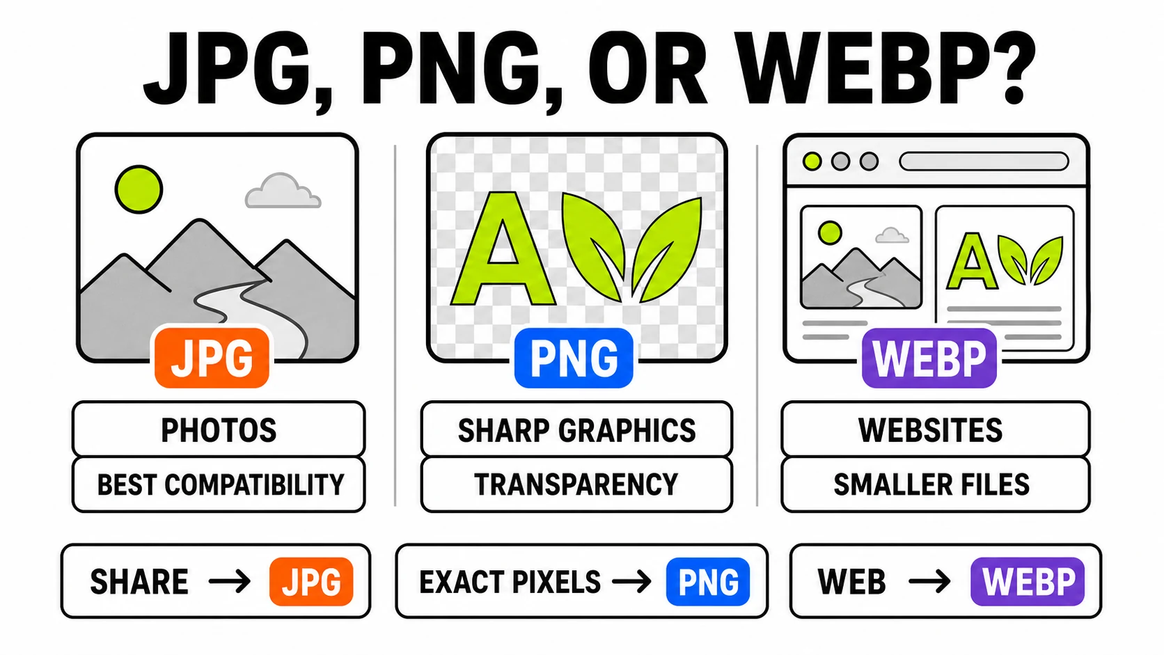 Three-column guide recommending JPG for compatible photos, PNG for sharp transparent graphics, and WebP for smaller website images
