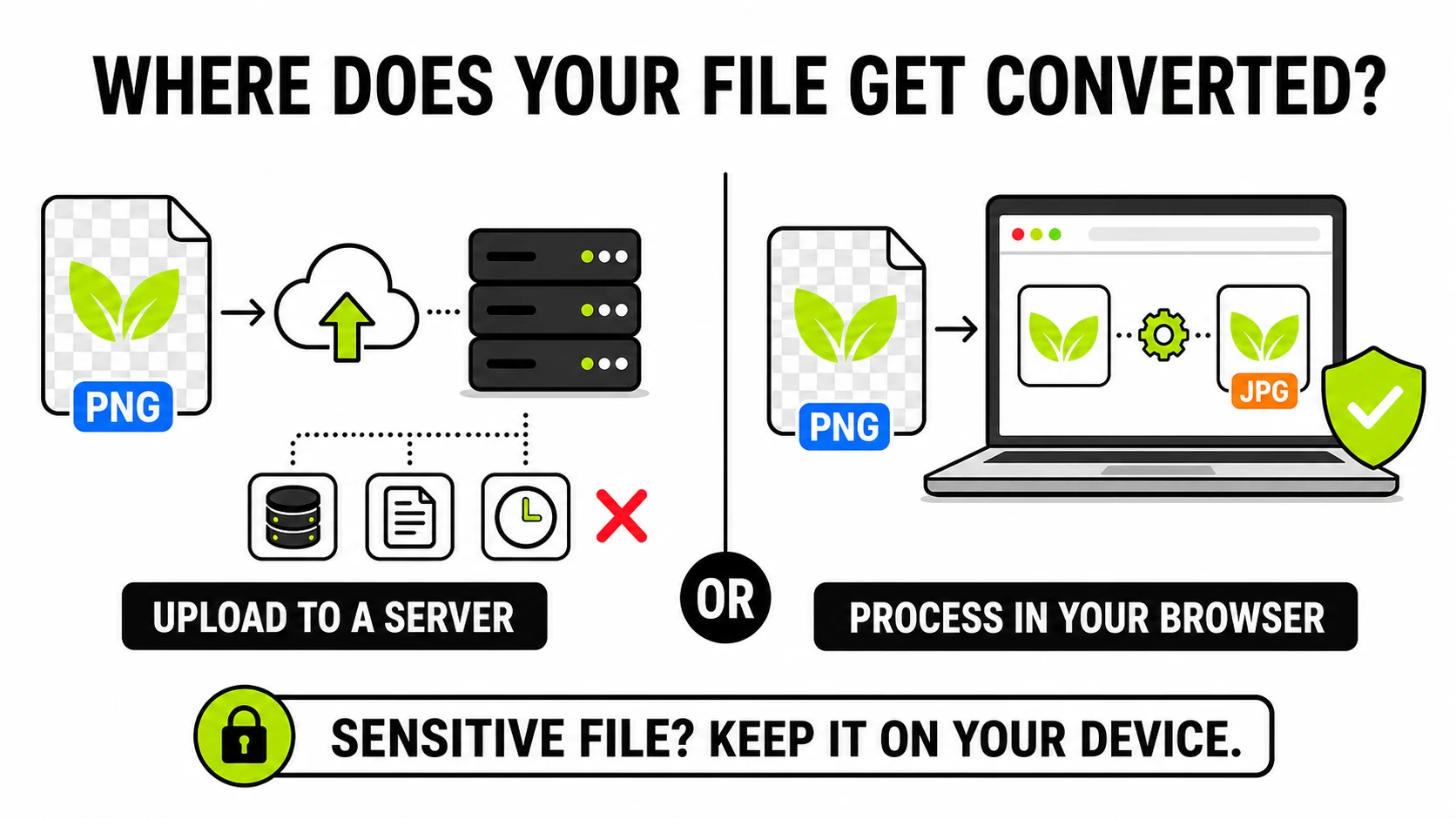 Diagram comparing a file uploaded to a remote conversion server with a file converted privately inside the browser on the user's device