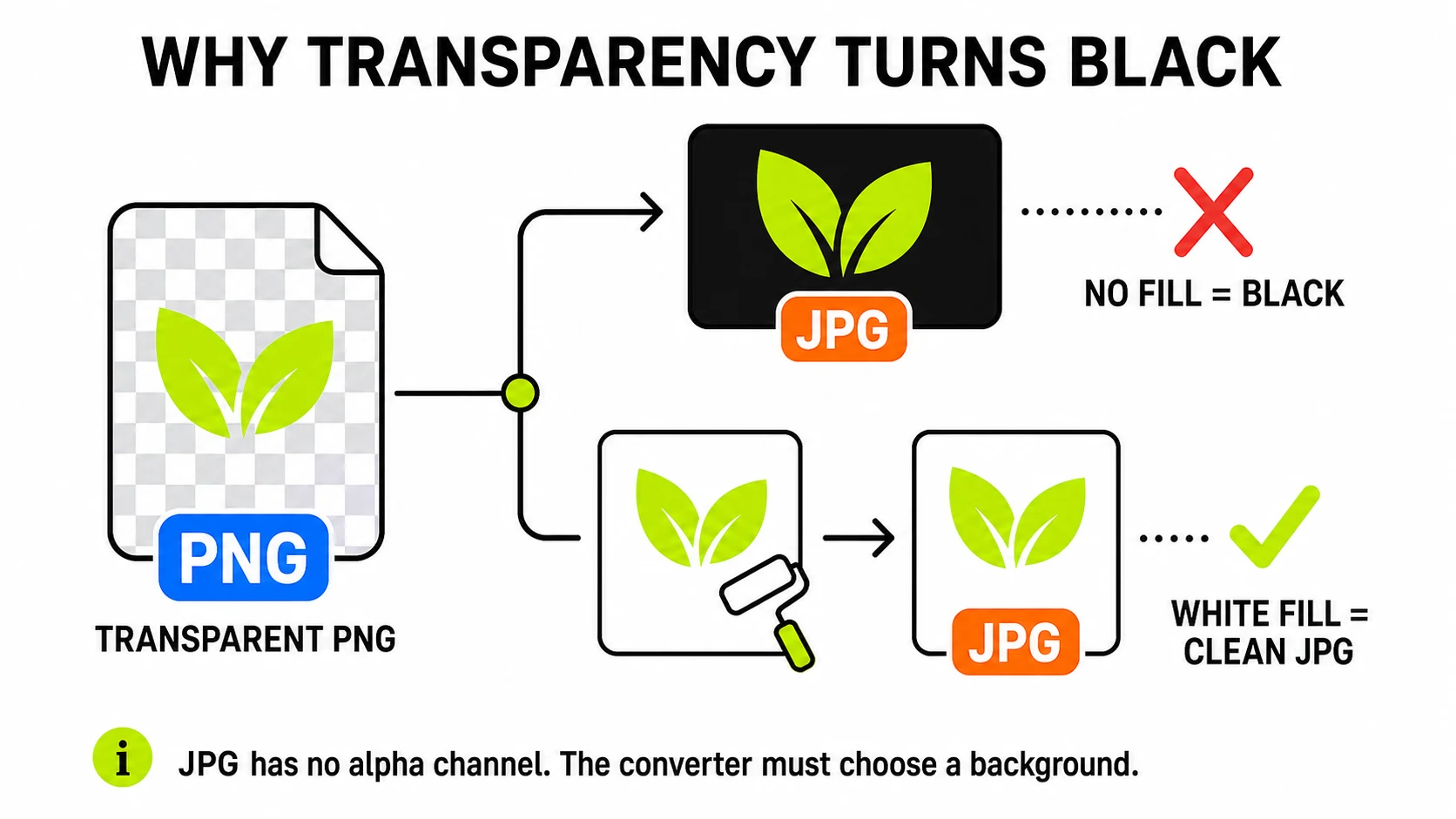 Diagram comparing an incorrect PNG-to-JPG conversion that produces a black background with the correct conversion that fills transparent pixels with white