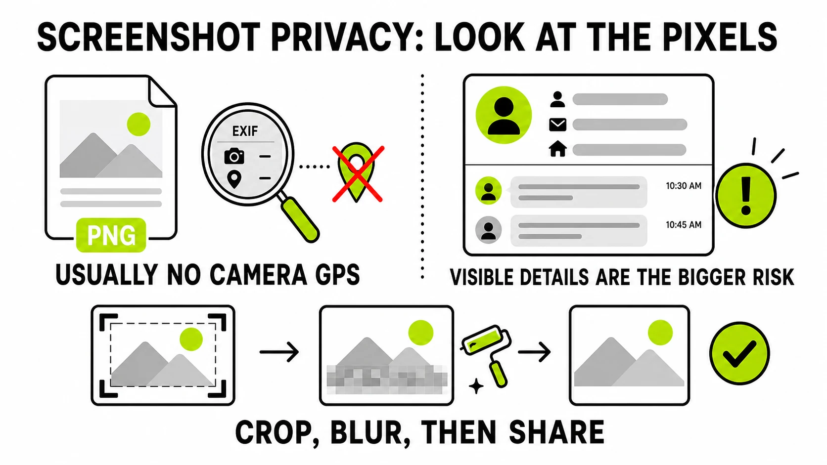 Diagram showing that screenshots usually contain no camera GPS metadata but can expose names, messages, addresses, and other visible details