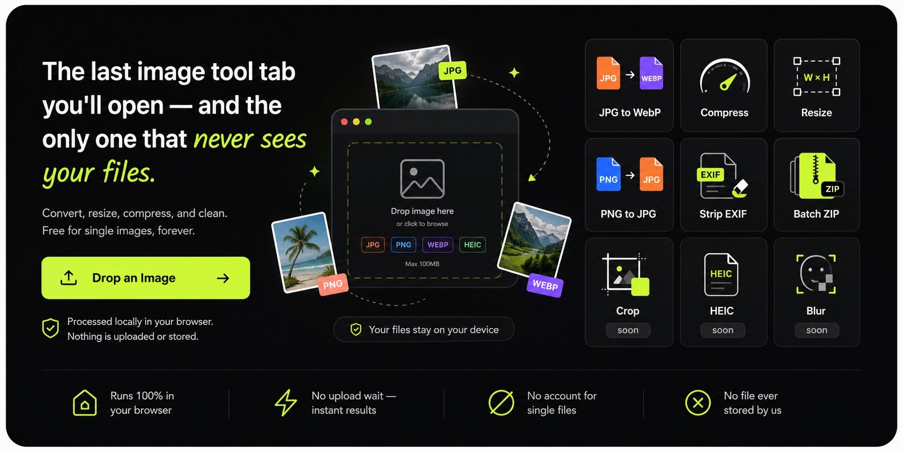 GenClean final call to action showing a browser-local image drop zone and tool cards for JPG to WebP, compress, resize, PNG to JPG, Strip EXIF, Batch ZIP, Crop, HEIC, and Blur.