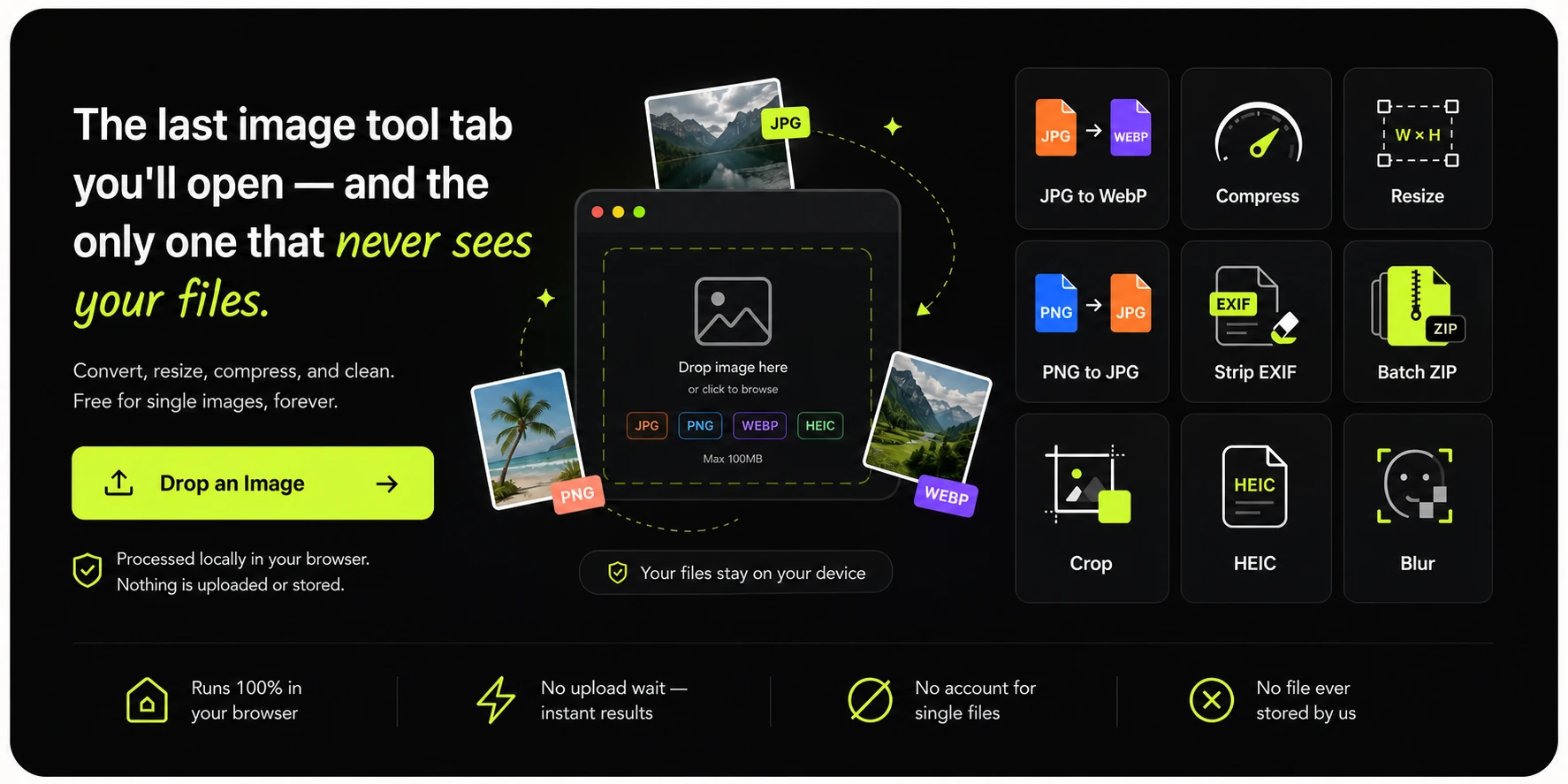 GenClean final call to action showing a browser-local image drop zone and tool cards for JPG to WebP, compress, resize, PNG to JPG, Strip EXIF, Batch ZIP, Crop, HEIC, and Blur.